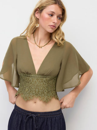 Chiffon V-neck Middle Bell Sleeve Guipure Lace Blouse