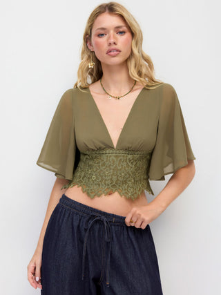 Chiffon V-neck Middle Bell Sleeve Guipure Lace Blouse