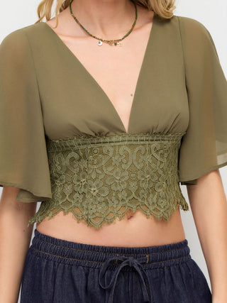 Chiffon V-neck Middle Bell Sleeve Guipure Lace Blouse