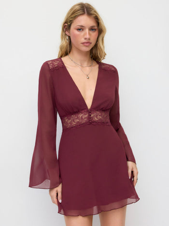 Chiffon V-neck Long Sleeve See-through Lace Trim Mini Dress