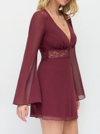 Chiffon V-neck Long Sleeve See-through Lace Trim Mini Dress