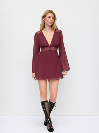 Chiffon V-neck Long Sleeve See-through Lace Trim Mini Dress