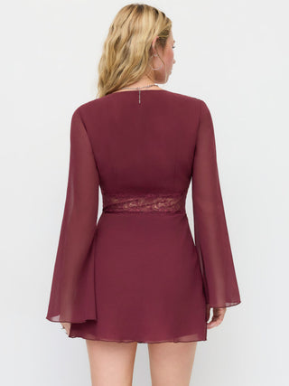 Chiffon V-neck Long Sleeve See-through Lace Trim Mini Dress