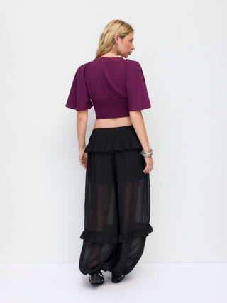 Chiffon Low Rise Elastic Waist Tiered Ruffle Jogger Trousers