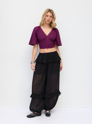 Chiffon Low Rise Elastic Waist Tiered Ruffle Jogger Trousers