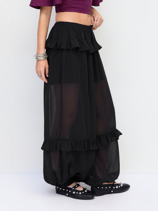 Chiffon Low Rise Elastic Waist Tiered Ruffle Jogger Trousers