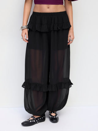 Chiffon Low Rise Elastic Waist Tiered Ruffle Jogger Trousers