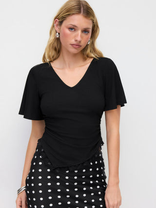 V-neck Bell Sleeve Ruched Lace Trim Asymmetrical Hem Tee