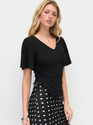 V-neck Bell Sleeve Ruched Lace Trim Asymmetrical Hem Tee