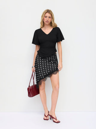 V-neck Bell Sleeve Ruched Lace Trim Asymmetrical Hem Tee