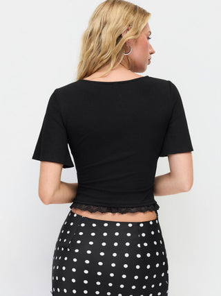 V-neck Bell Sleeve Ruched Lace Trim Asymmetrical Hem Tee