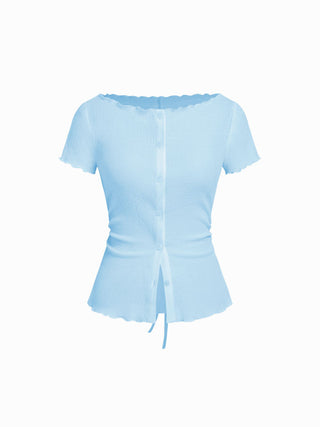Textured Boat Neck Button Up Lettuce Trim Short Sleeve Top