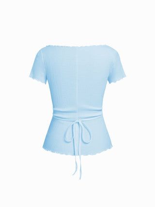 Textured Boat Neck Button Up Lettuce Trim Short Sleeve Top
