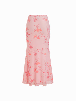 Mesh Mid Rise Floral Bowknot Lettuce Trim Mermaid Maxi Skirt
