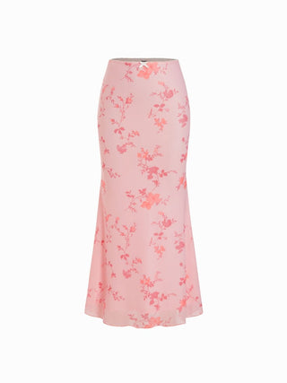 Mesh Mid Rise Floral Bowknot Lettuce Trim Mermaid Maxi Skirt
