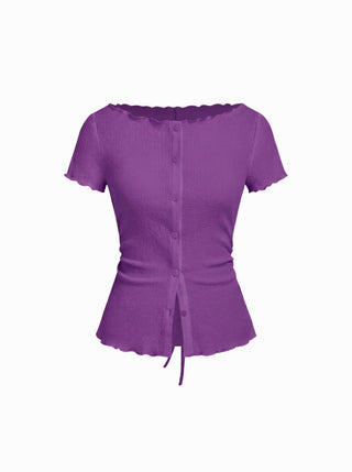Textured Boat Neck Button Up Lettuce Trim Short Sleeve Top