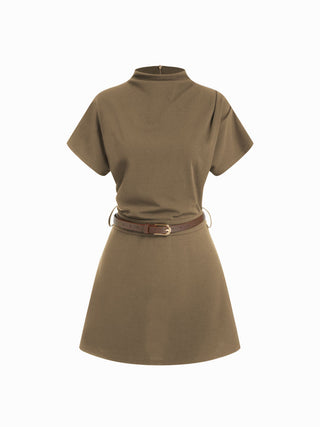 Stand Collar Short Sleeve Ruched A-line Mini Dress With Belt