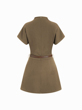 Stand Collar Short Sleeve Ruched A-line Mini Dress With Belt
