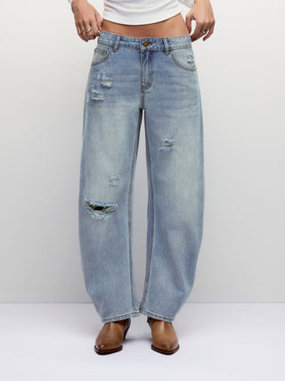 Denim Denim Low Rise Ripped Barrel-leg Cropped Oversized Jeans For School Daily Casual
