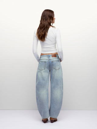 Denim Denim Low Rise Ripped Barrel-leg Cropped Oversized Jeans For School Daily Casual