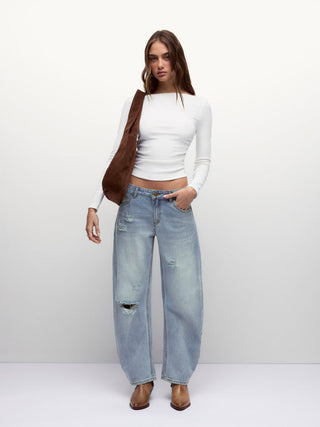 Denim Denim Low Rise Ripped Barrel-leg Cropped Oversized Jeans For School Daily Casual