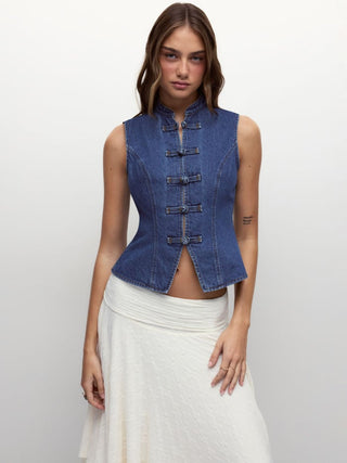 Denim Stand Collar Twist Knotted Washed Denim Vest