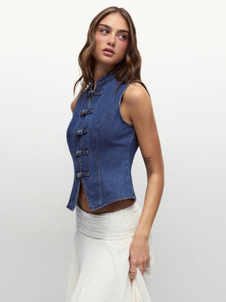 Denim Stand Collar Twist Knotted Washed Denim Vest