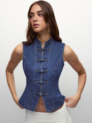 Denim Stand Collar Twist Knotted Washed Denim Vest