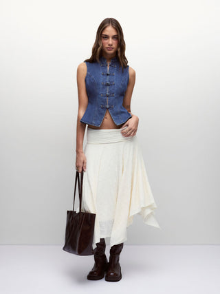 Denim Stand Collar Twist Knotted Washed Denim Vest