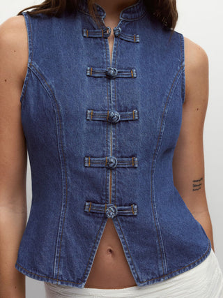 Denim Stand Collar Twist Knotted Washed Denim Vest