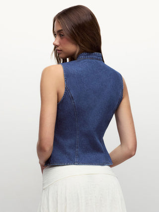 Denim Stand Collar Twist Knotted Washed Denim Vest