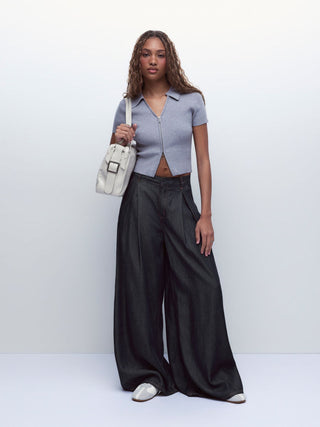 Denim Washed Denim High Rise Draped Wide Leg Jeans For Daily Casual Work