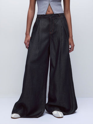 Denim Washed Denim High Rise Draped Wide Leg Jeans For Daily Casual Work