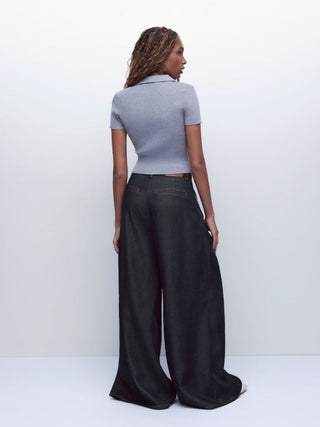 Denim Washed Denim High Rise Draped Wide Leg Jeans For Daily Casual Work