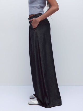 Denim Washed Denim High Rise Draped Wide Leg Jeans For Daily Casual Work