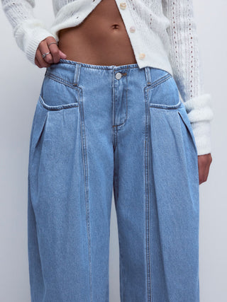 Denim Low Rise Washed Drawstring Barrel-leg Cropped Jeans