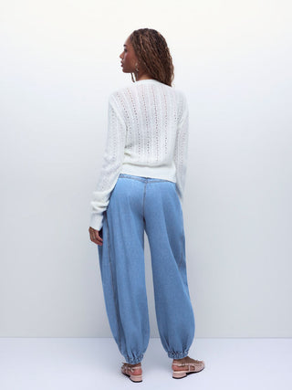 Denim Low Rise Washed Drawstring Barrel-leg Cropped Jeans