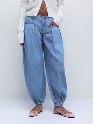 Denim Low Rise Washed Drawstring Barrel-leg Cropped Jeans