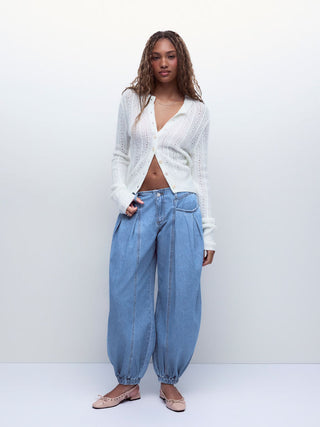 Denim Low Rise Washed Drawstring Barrel-leg Cropped Jeans