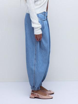 Denim Low Rise Washed Drawstring Barrel-leg Cropped Jeans