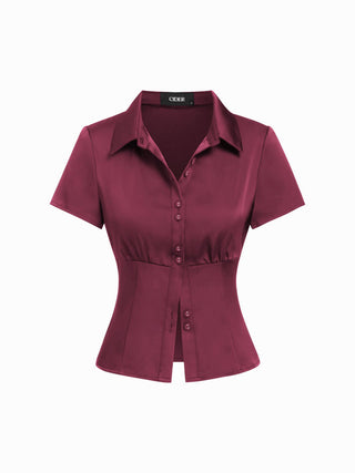 Satin Short Sleeve Ruched Corset Blouse