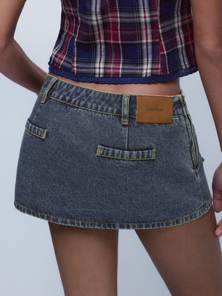 Denim Low Rise Washed Metal Detail A-line Micro Mini Skort