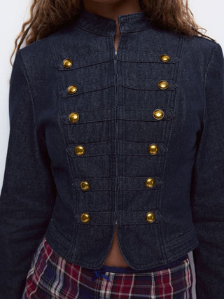 Denim Washed Stand Collar Metal Detail Jacket