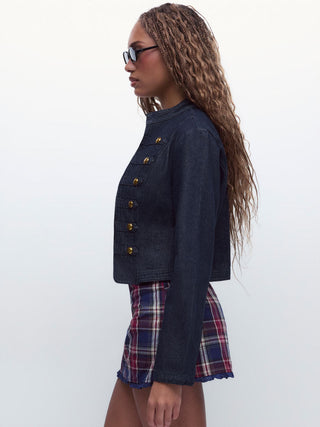 Denim Washed Stand Collar Metal Detail Jacket
