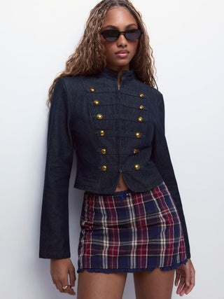 Denim Washed Stand Collar Metal Detail Jacket