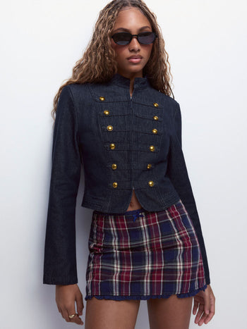 Denim Washed Stand Collar Metal Detail Jacket