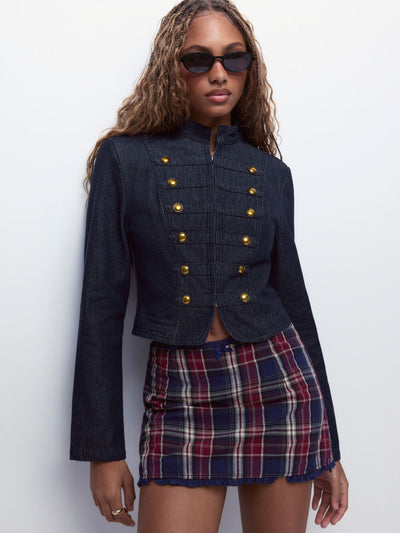 Denim Washed Stand Collar Metal Detail Jacket