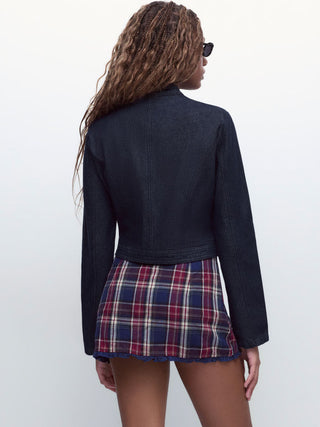Denim Washed Stand Collar Metal Detail Jacket