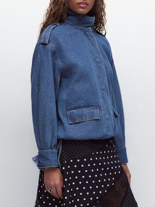 Denim Stand Collar Washed Drawstring Metal Detail Oversized Jacket