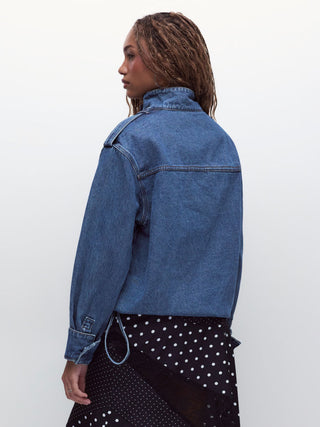 Denim Stand Collar Washed Drawstring Metal Detail Oversized Jacket